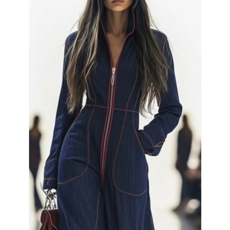 Women's Street Style Denim Jumpsuit 2026 Vintage Contrast Color Zipper Pockets Long Sleeve Wide-leg Long Jumpsuits 187848