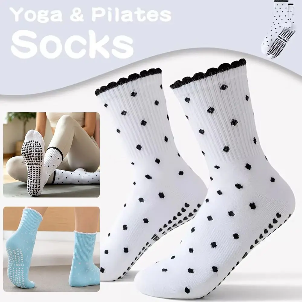 Cotton Yoga Socks Non Slip Grip Ruffled Trim Pilates Socks Polka Dot Pattern Mid‑calf Socks Women Exercise
