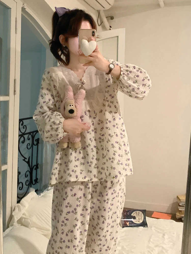 Sweet Flowers Floral Print Sleepwear Korean Lace Spring Long Sleeve NightDress Women Loose Splicing Elegant Casual Pajama Set