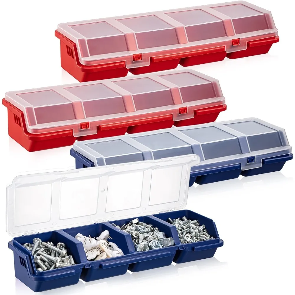 4 Compartments Screw Organizer Box with Lid, Plastic Stackable Small Parts Storage for Garage Workbench Craft