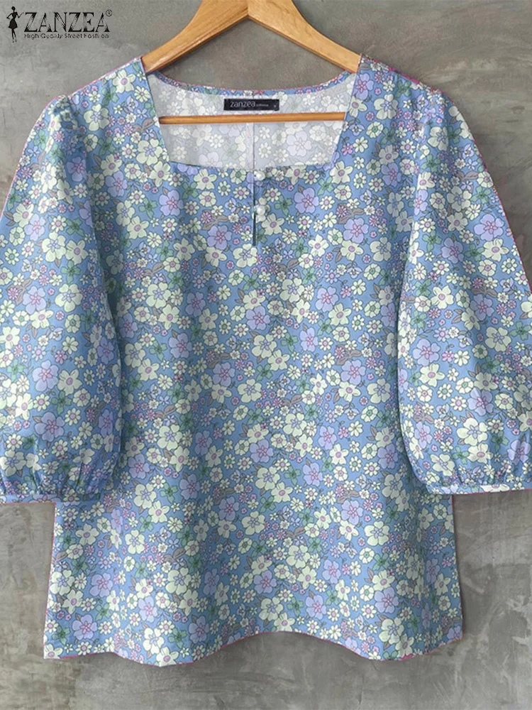

ZANZEA Women Blouse Casual Floral Printed Square Collar Shirts 2025 Autumn Puff Sleeve Loose Vintage Tunic Tops Blusas Femininas