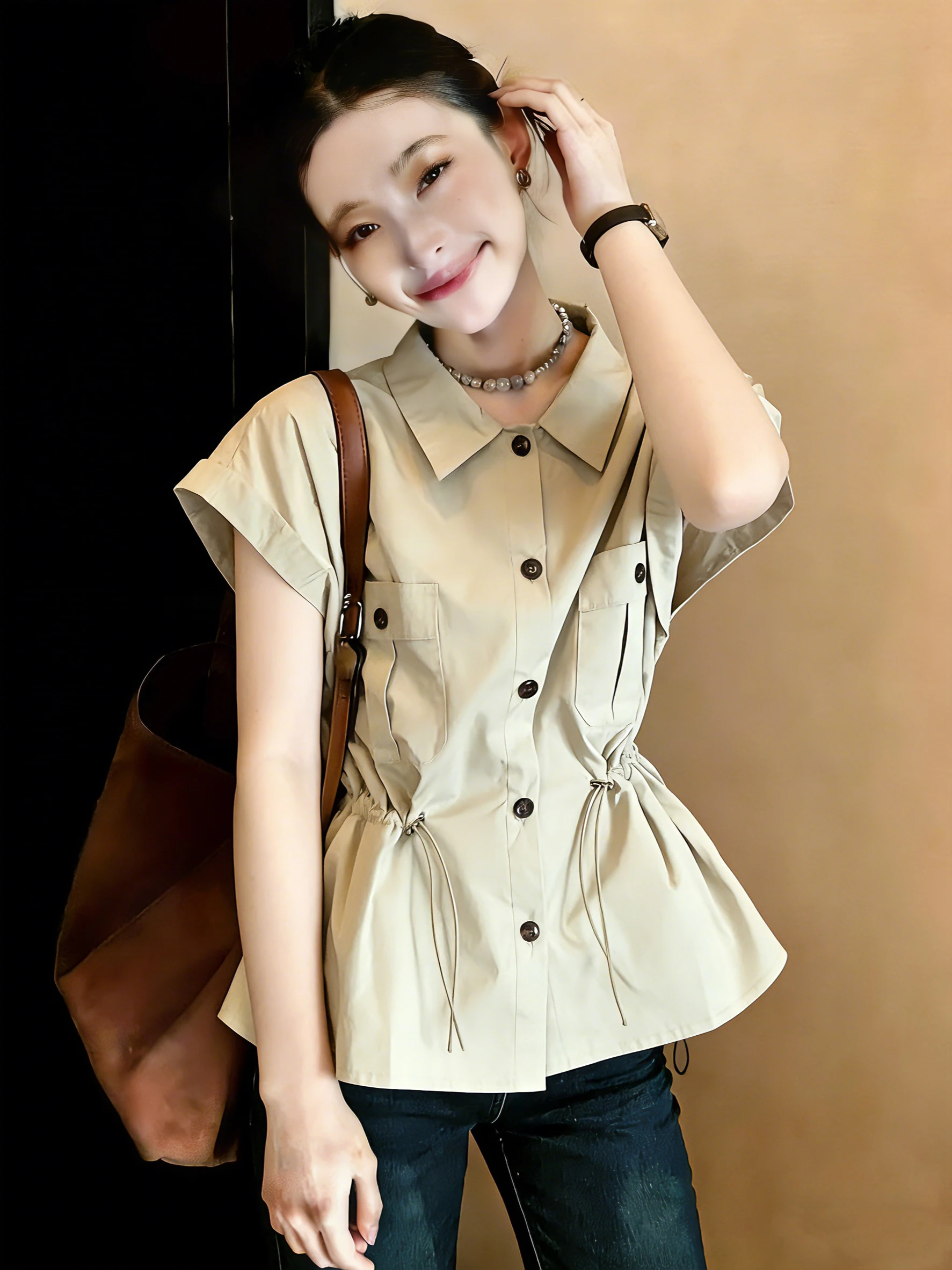 

Elegant plus Size Women's Short Sleeve Shirt Drawstring Waist Old Money Style Korean Version Commute Wind Regular Sleeve ...