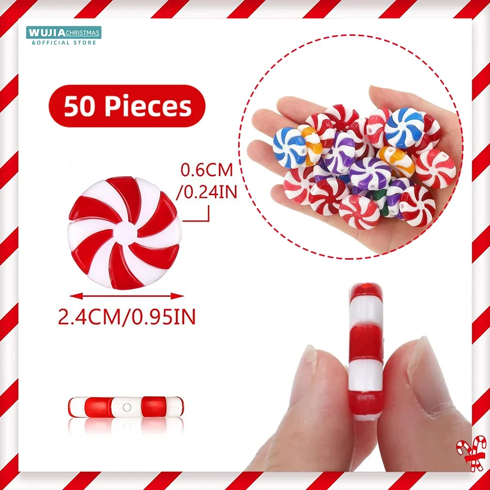 50pcs New Year Acrylic Candy DIY Xmas Tree Hanging Christmas Fake Candies Peppermint Ornaments for Holiday Party Decor Supplies