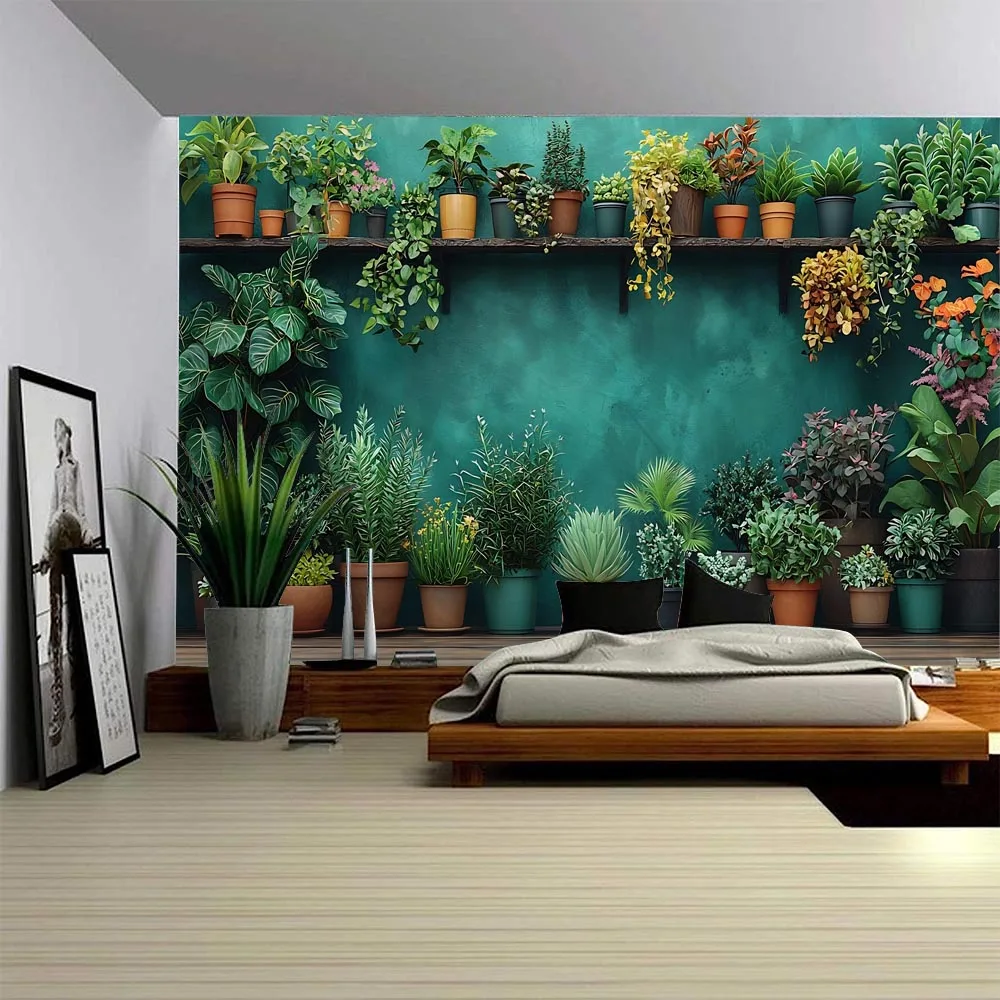 

Plant wall tapestry, vintage brick wall floral oil painting wooden imitation window suitable for living room and home decoration