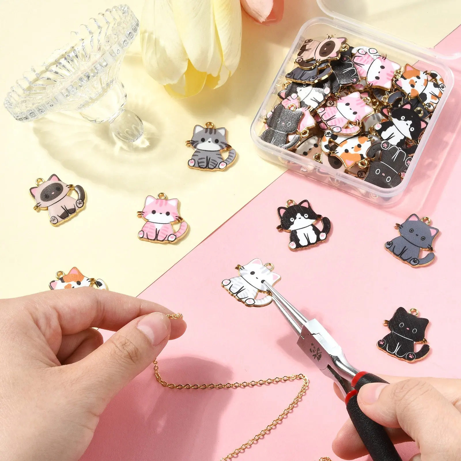 45Pcs 9 Styles Enamel Cat Charms Pendant Cute Kitten Animal Charms Small Flower Cat Charms for Jewelry