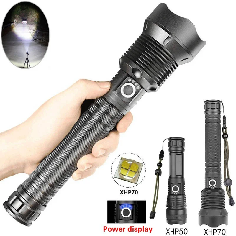 50000 Lumens Ultra Bright Led Flashlight Usb Zoom Torch XHP70 XHP50 26650 Battery Rechargeable for Adventure, Camping