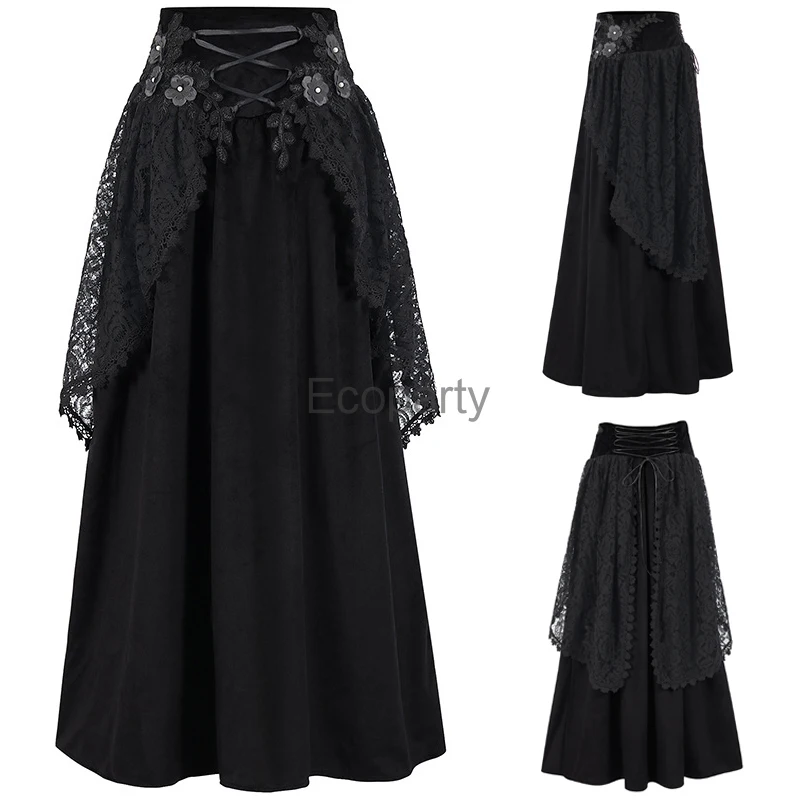 

Women Steampunk Gothic Skirts Black Medieval Victorian Costume For Women Renaissance High Waisted Lace Mesh Bandage Maxi Skirt