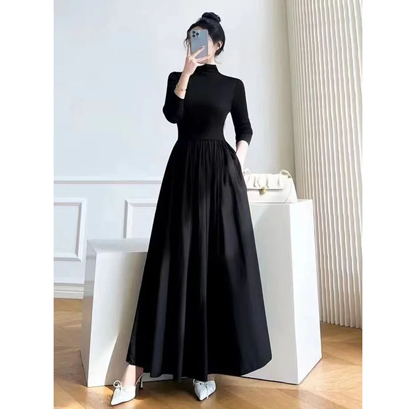 Xpqbb Elegant Slim Fit Black Maxi Dress Female Fashion High Waist Long Sleeve Party Dresses Female Autumn Street A-Line Dress