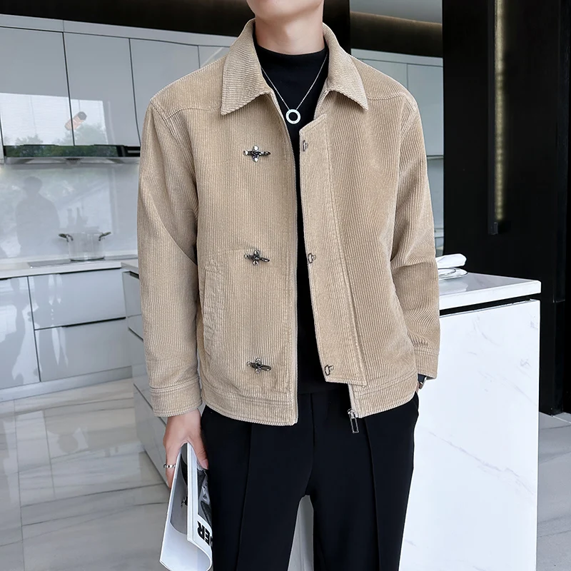 

Khaki Corduroy Winter Jaet Men's Aircrt Bule Design ort Trendy Brand High-End Feeling Autumn Top Zipper Closure Slim Fit