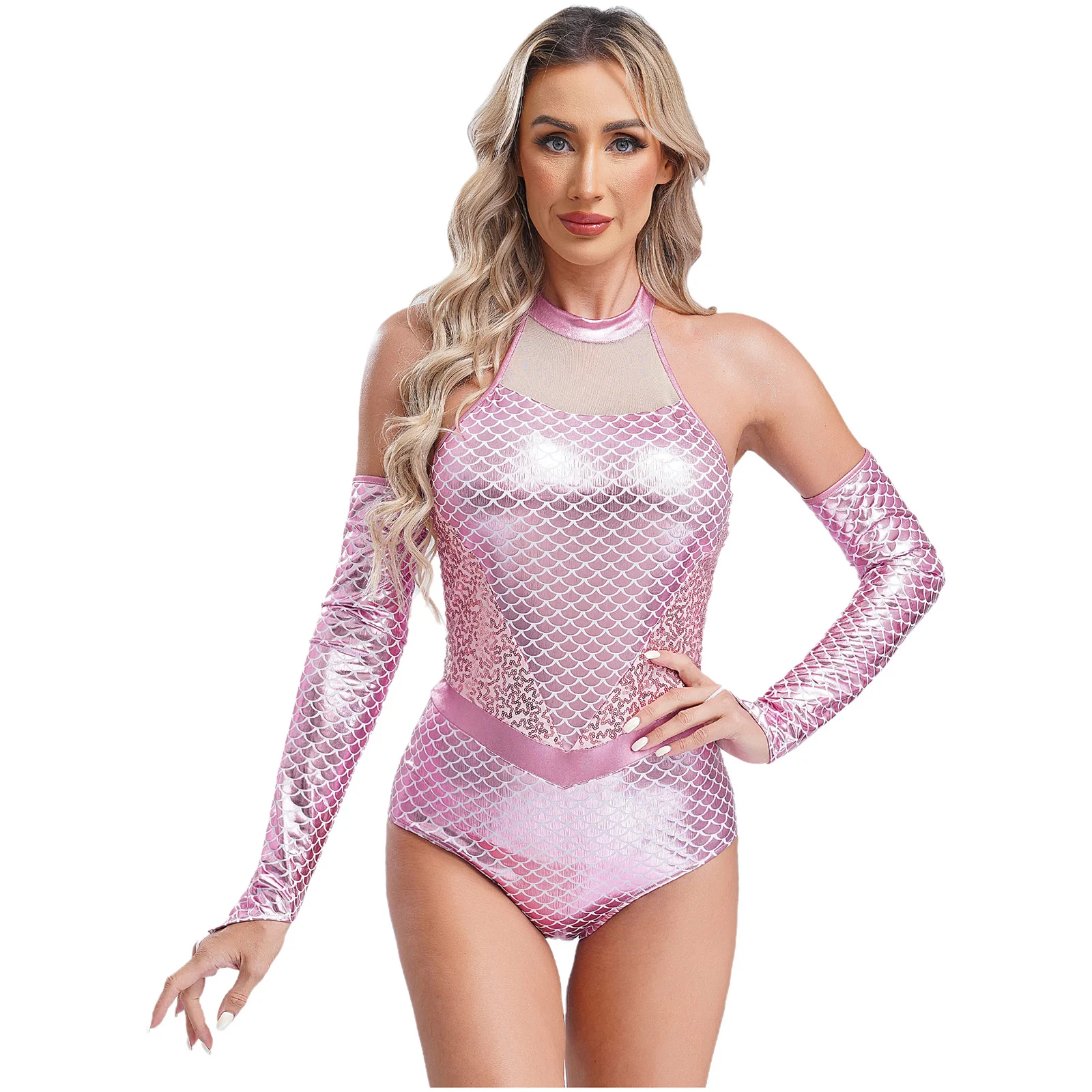 

Womens Sequin Mermaid Bodysuit with Fingerless Gloves Halter Sleeveless High-cut Leotard Jumpsuit Shiny Halloween Costume