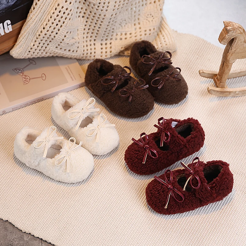 Winter Girl's Flat Shoes Bow-adorned Fuzzy Fleece Kids Mary Janes Warm Cozy Fashion Pure Color Children Cotton Shoes 21-36