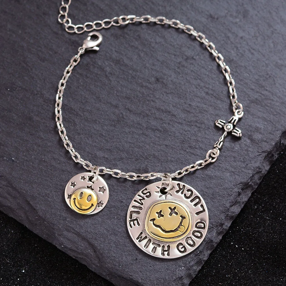 New Arrival Trendy Smile Face Retro Thai Silver Ladies Charm Bracelet Jewelry For Women Short Chain No Fade
