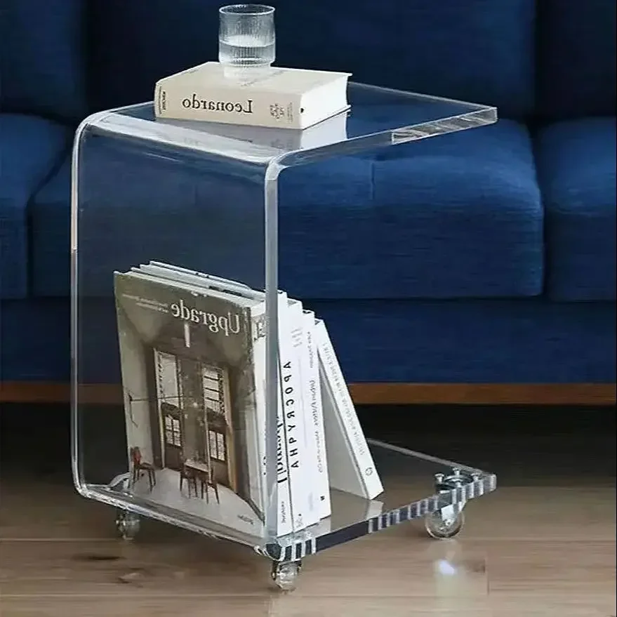 INS Acrylic Sofa Bedside Table  Luxury Transparent with Roll Wheel Movable Small Table L-type Snack Tea Side Table