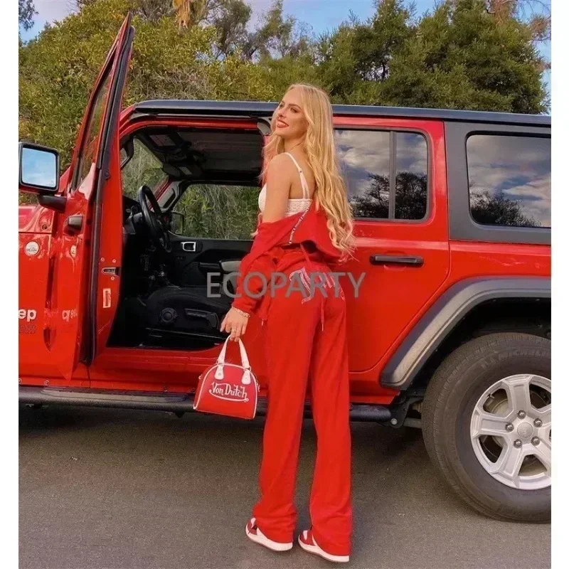 Donne Soild velluto due pezzi Set perline lettere Juicy Couturs tuta Sexy con cappuccio Crop Top giacca Flare pantaloni Y2K Streetwear