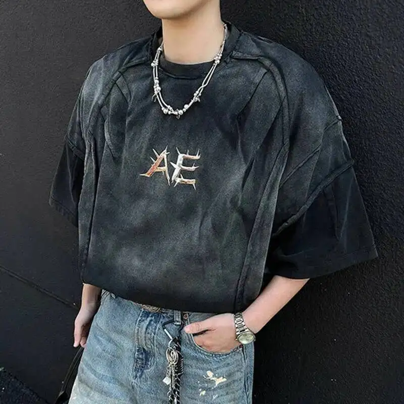 Letter Design Men's Tees Round Collar Short Sleeved Deconstruction Tops Gradient Color Loose Pullover Male T-shirts 9W0WLD