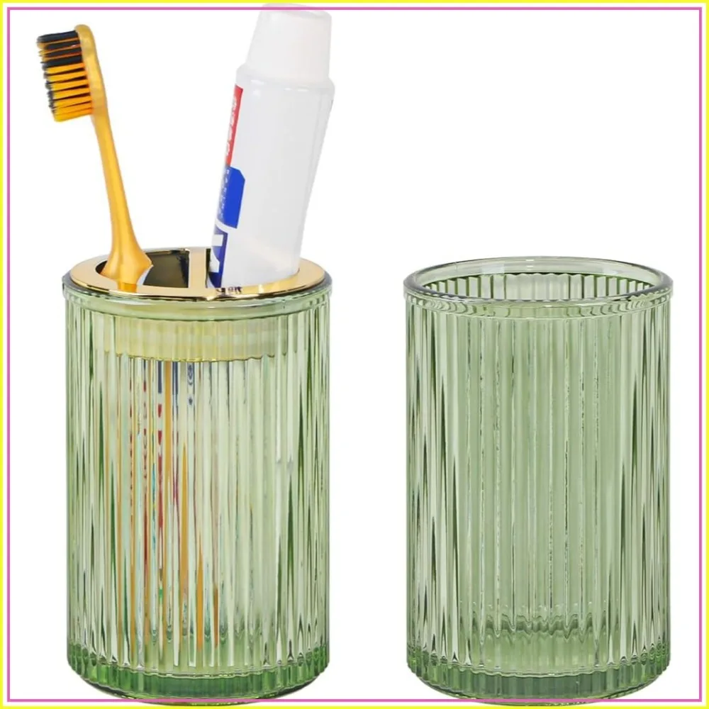 2pcs Glass Toothbrush Holders for Bathroom, 12oz Tumbler & Mouthwash Cup, Toothbrush and Toothpaste Organizer for Vanity Countertop