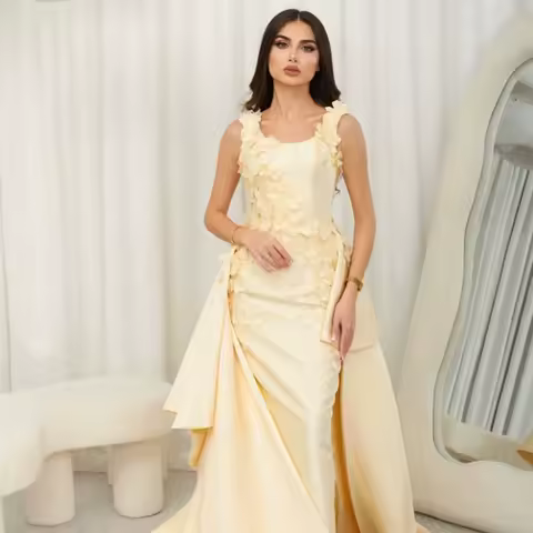 Customized O-neck Satin Straight Yello Evening Dress Flower Appliques Watteau Train Party Dress Ankle Length Prom Gown For Women