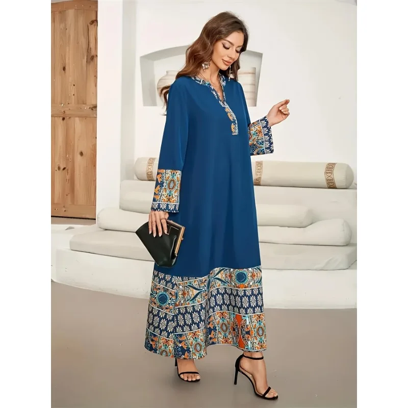 

Elegant Muslim Abaya Wrap Dress - Vibrant Persian and floral patterns, blue long-sleeved,
