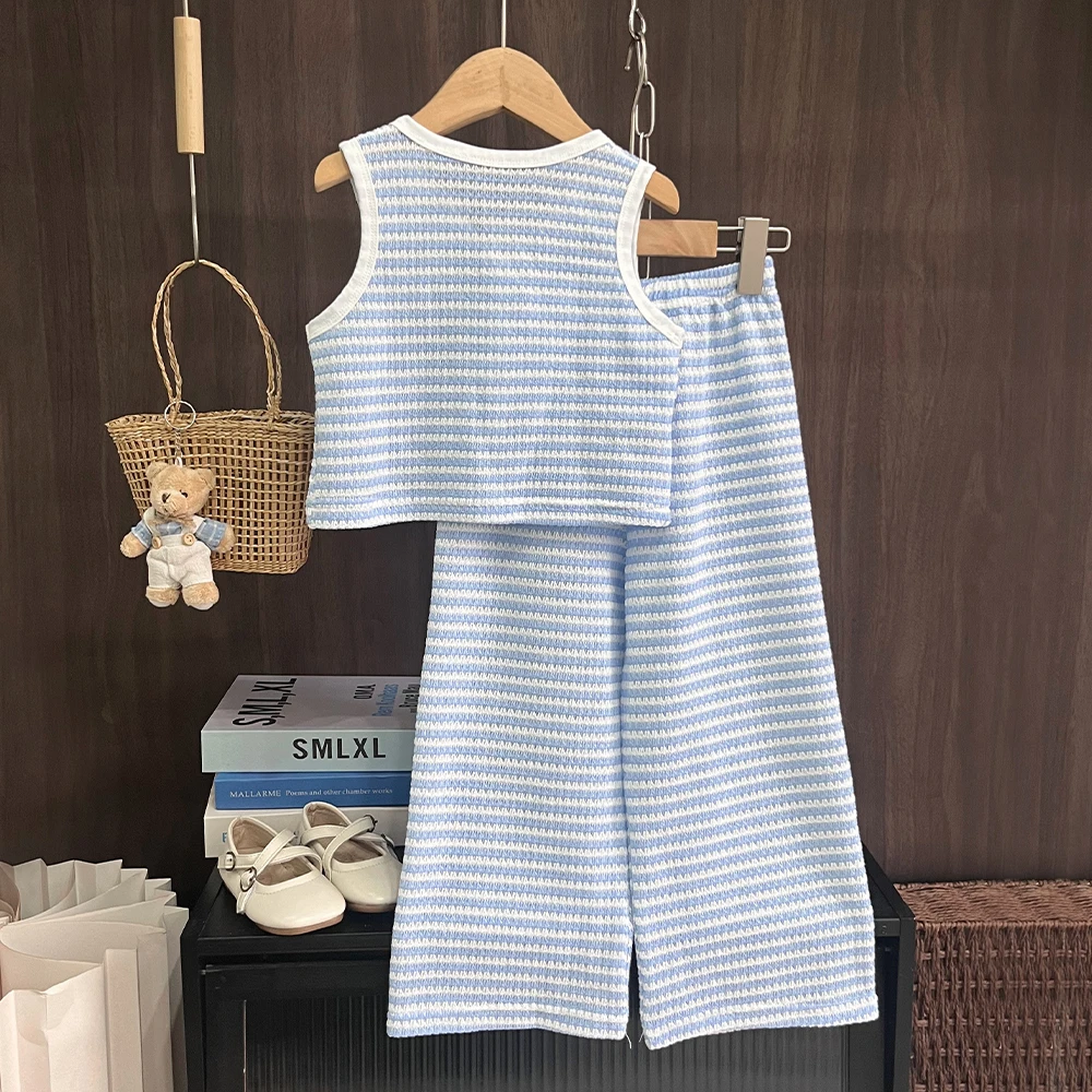 Modische und Schlichte Gestreifte Mädchenkleidung Sommer Kinderkleidung Schleifendekoration Ärmelloses Oberteil + Hose – Detail 12