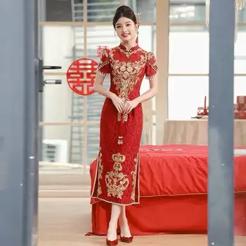 2024年新款紅色改良旗袍敬酒服中式婚紗訂婚婚禮服春秋季女士旗袍 8 最佳銷售 女式旗袍 - №6