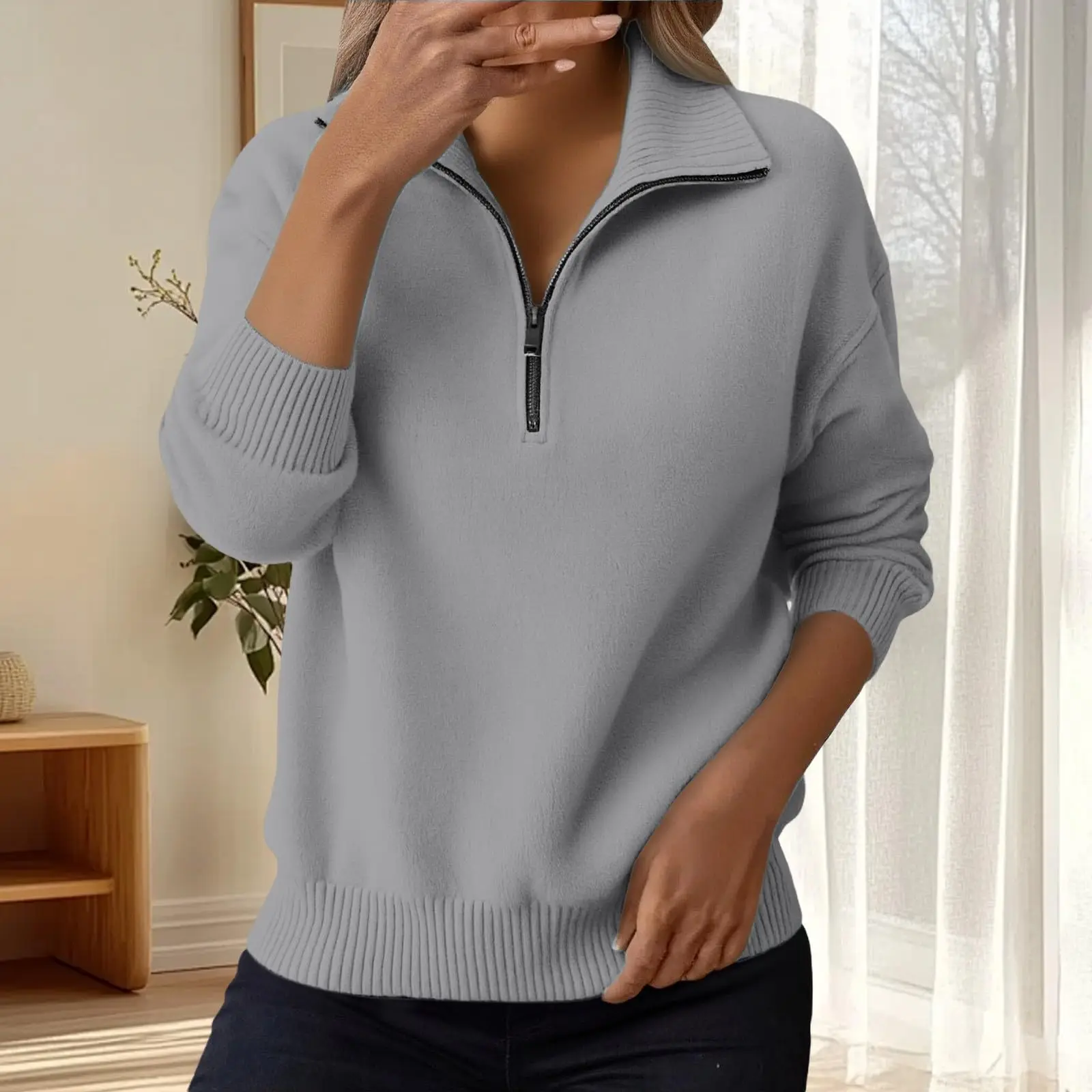 

Sweaters For Women Zip Long Sleeve Loose Fit Pullover Sweater Woman Clothes Pulls Femmes Ropa De Mujer Sweater For Woman