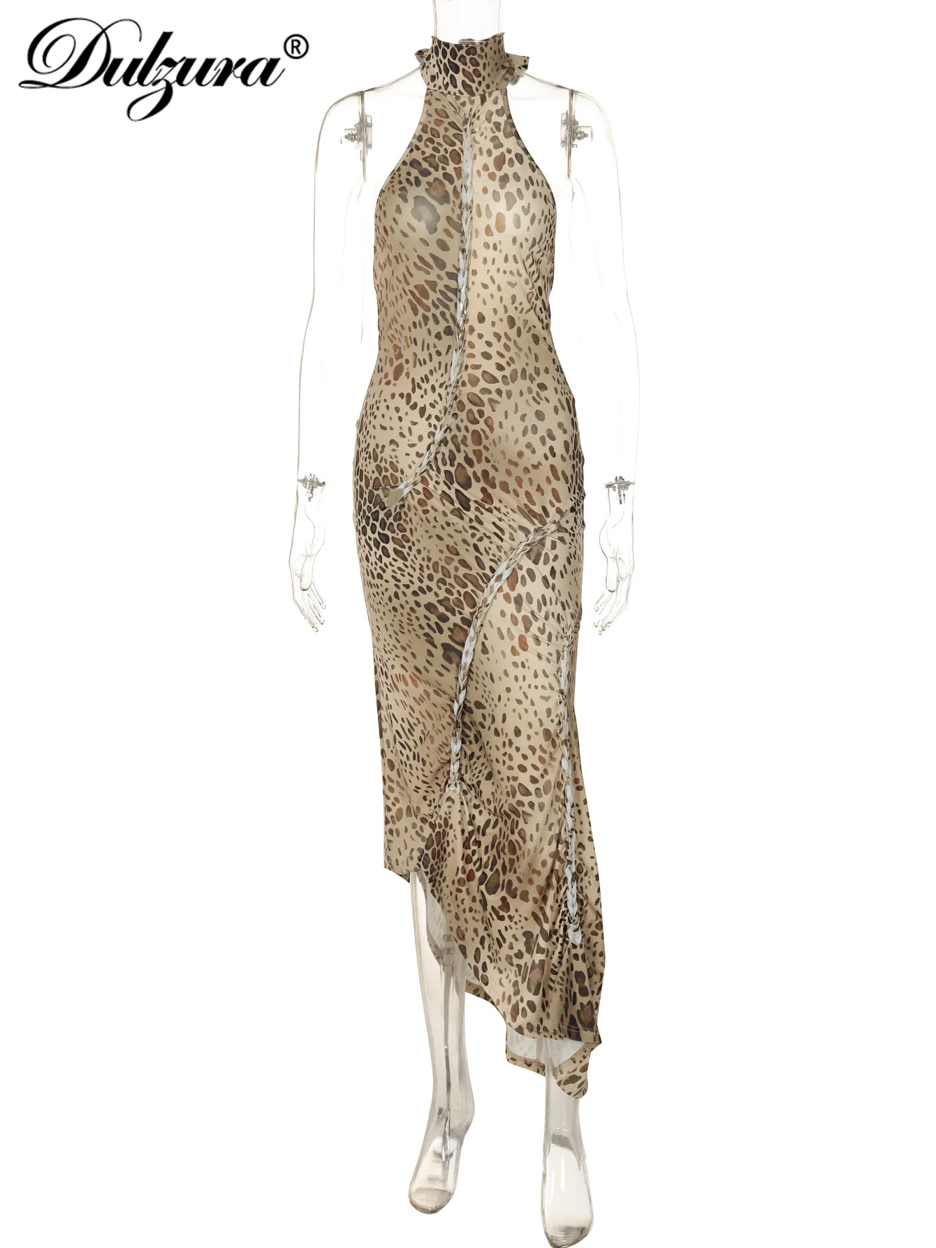 Dulzura Leopard Sleeveless Halter Lace Up Cut Out Irregular Midi Dress Sexy Backless Outfit Party Club Streetwear Autumn