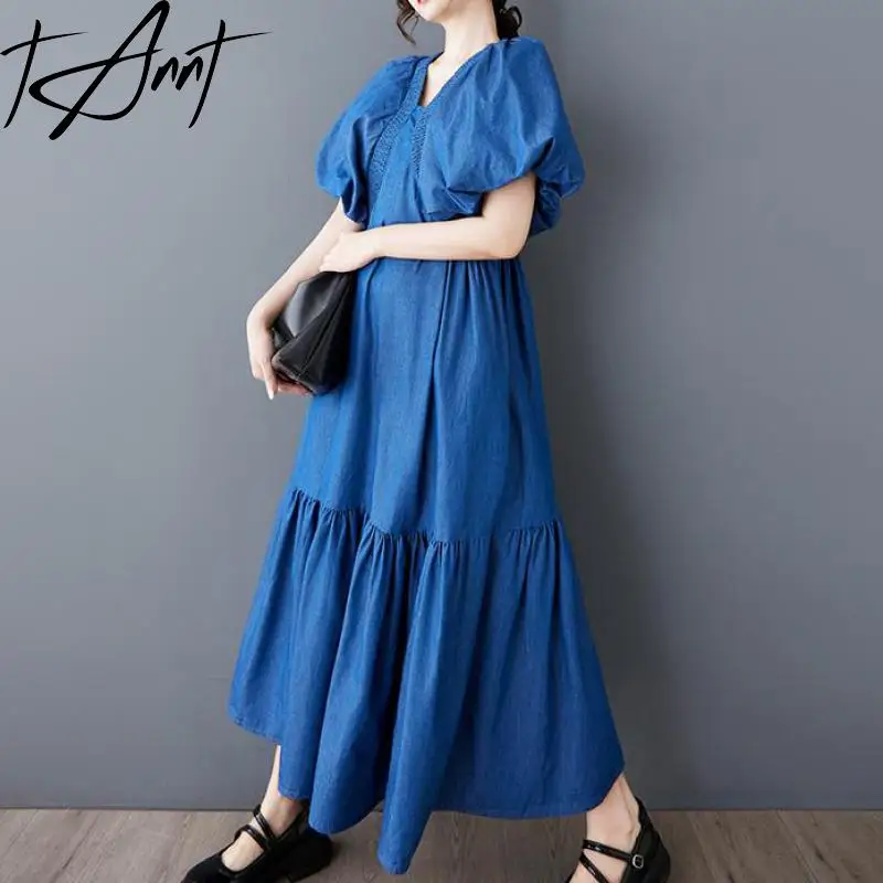

Tannt Women Dress Puff Sleeve V-neck Vintage Denim Long Dresses For Women Fashion Casual Long Summer Denim Dresses 2025 New