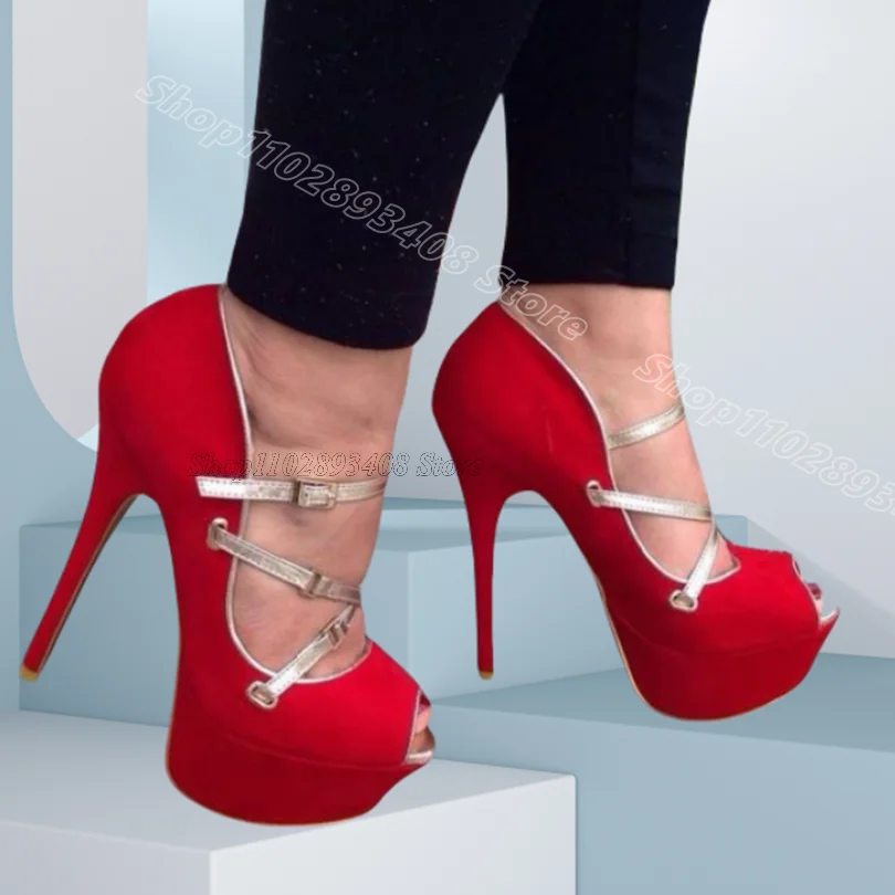 

Red Peep Toe Platform Flock Pumps Stiletto Ankle Buckle Stylish Spring Women Party Dress Sexy Shoes 2024 Zapatos Para Mujere