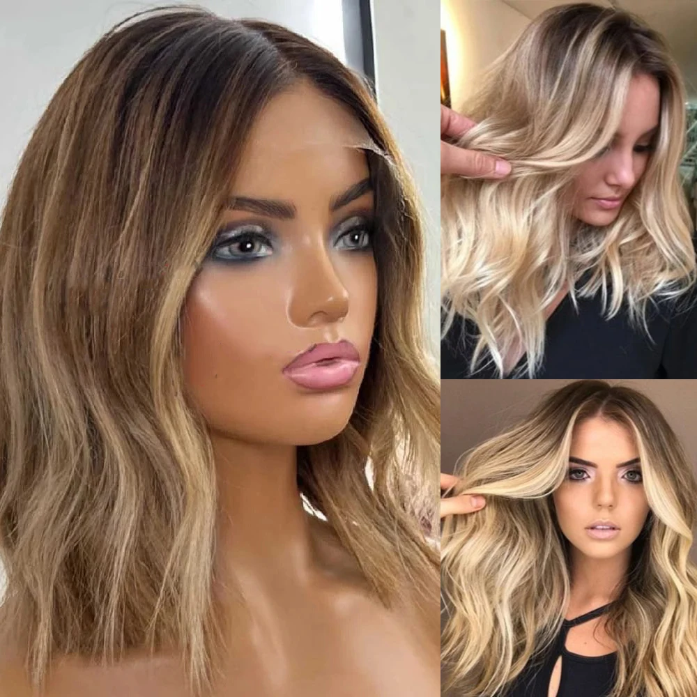 

Парик с коричневыми корнями, медовый блондин, 13x4, парик спереди, короткие натуральные волнистые волосы для женщин, парик из высокотемпературного синтетического волокна, ежедневное использование для вечеринок