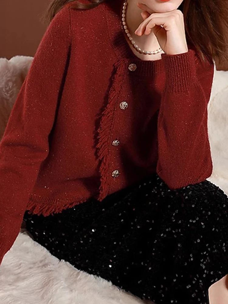 

Ele round Ne Long Sve Camere Open Cardigan Women's Knitted Woolen Top with Chic Frayed Design Commute Korean Sle