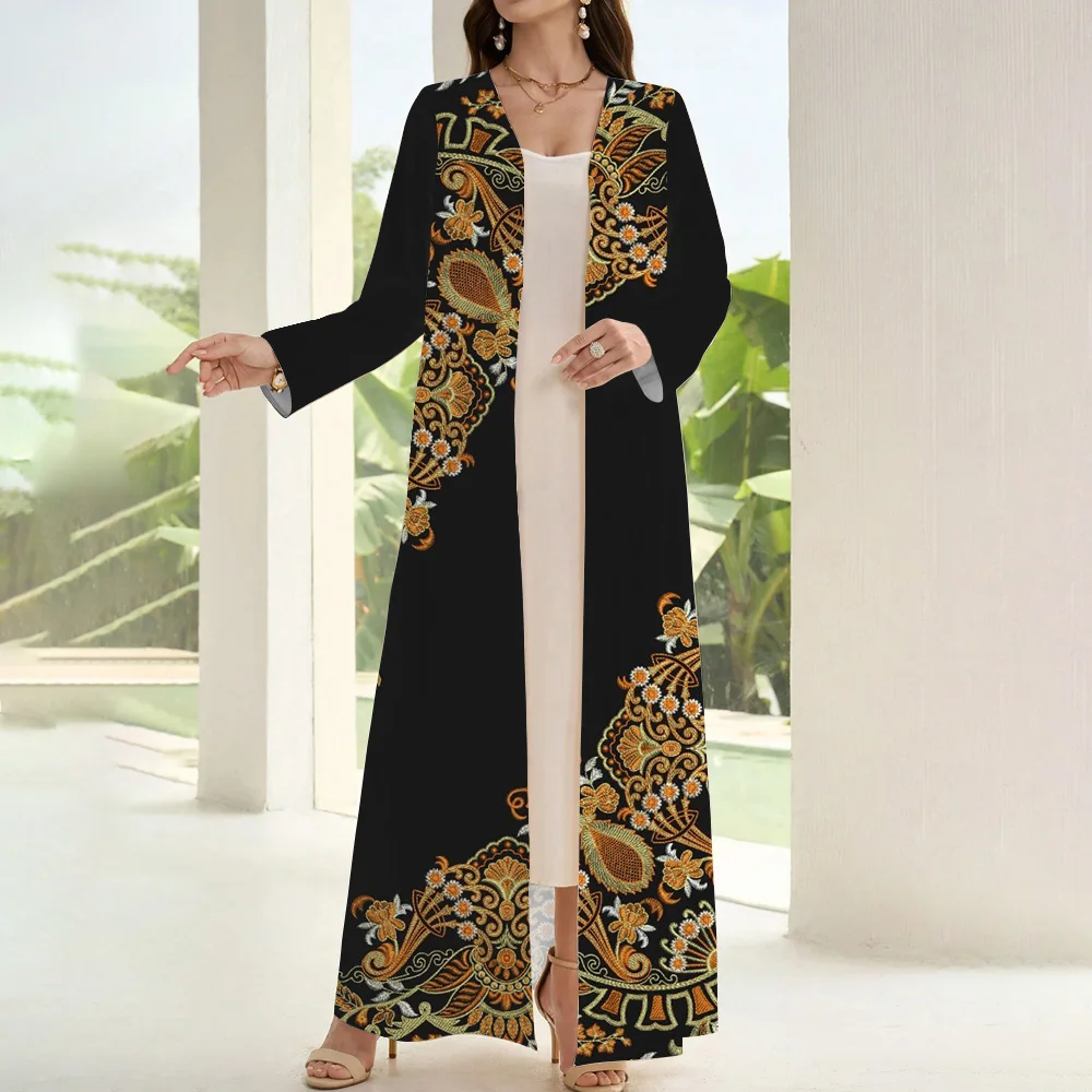 Demure Muslim Abaya Retro Print Two-piece Cardigan Kimono Kaftan 2024 New Dubai Middle Eastern Saudi Arabia Eid Ethnic Clothes