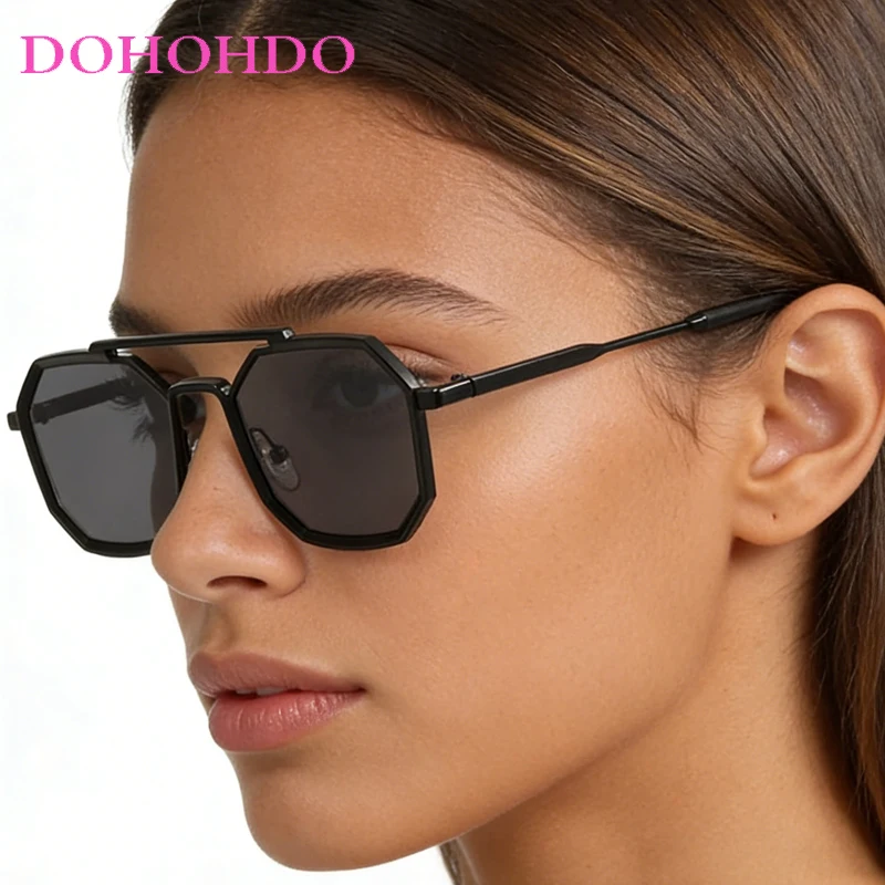 

Vintage Cool Punk Pilot Metal Polygon Women Sunglasses Luxury Double Bridges Design Sunglass UV400 Men Driving Traveling Eyewear