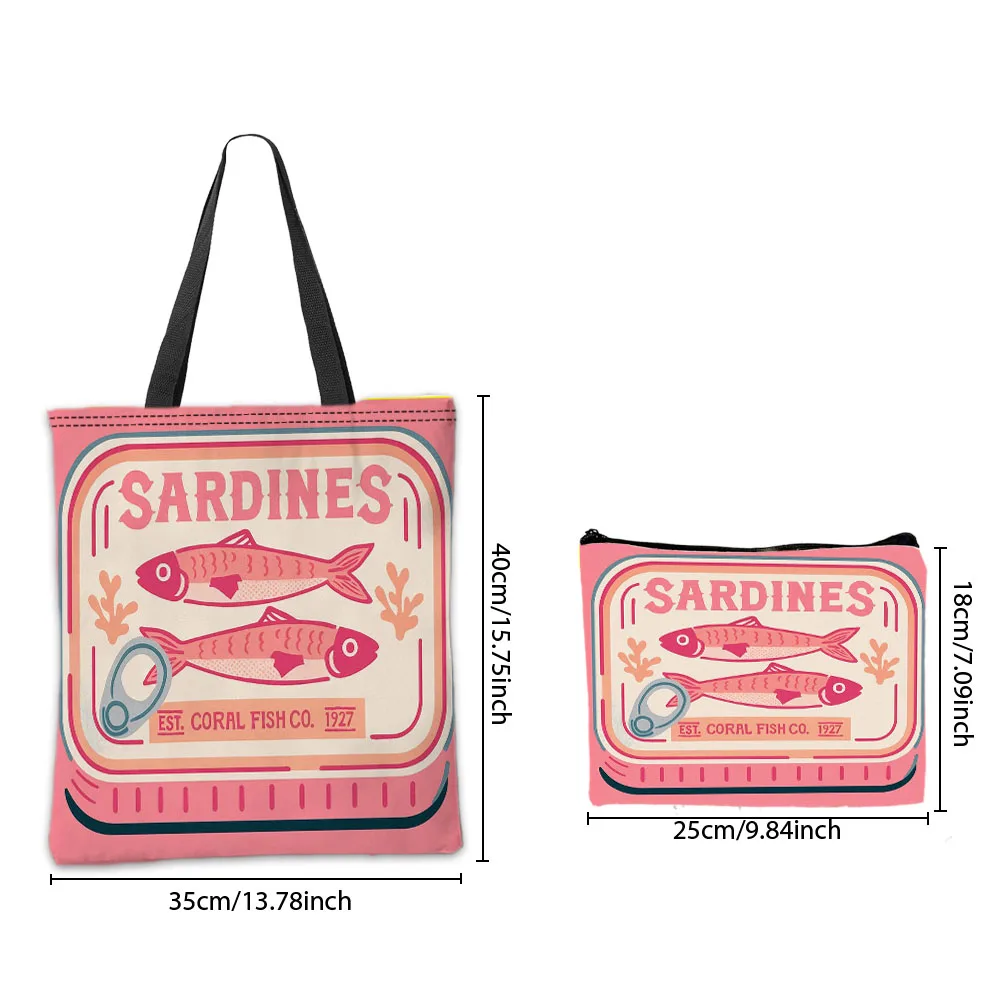 Whimsical Sardines Pink Handbag Cosmetic Pouch Combination Bags Fashion Marine Theme Daily Use Shoulder Bag Travel Work Bags