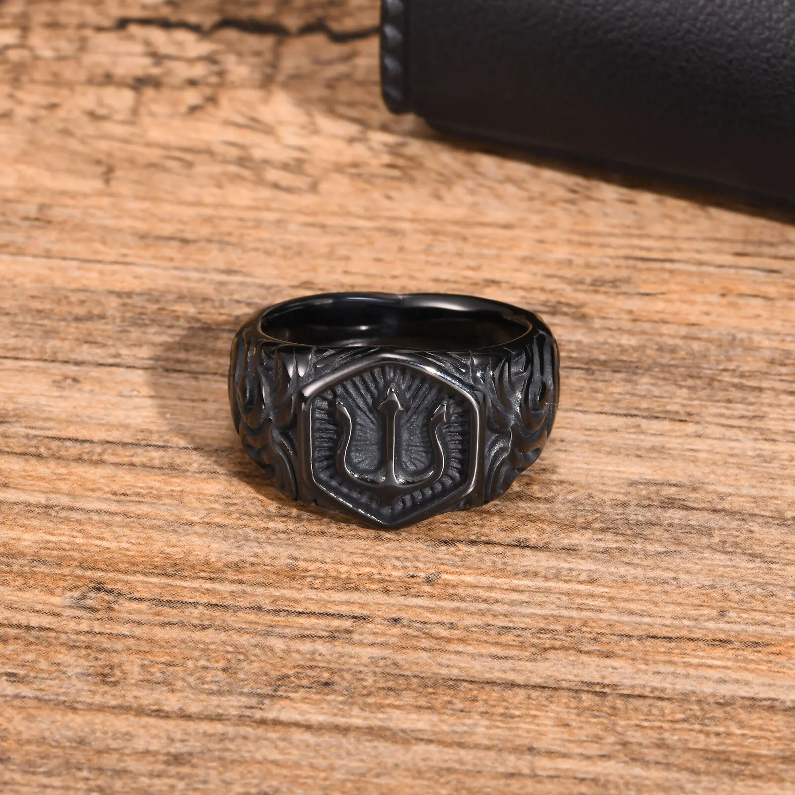 Trident Signet Ring for Men Boys,Black Stainless Steel Stamp Ring Thumb Ring,Rock Punk Jewelry