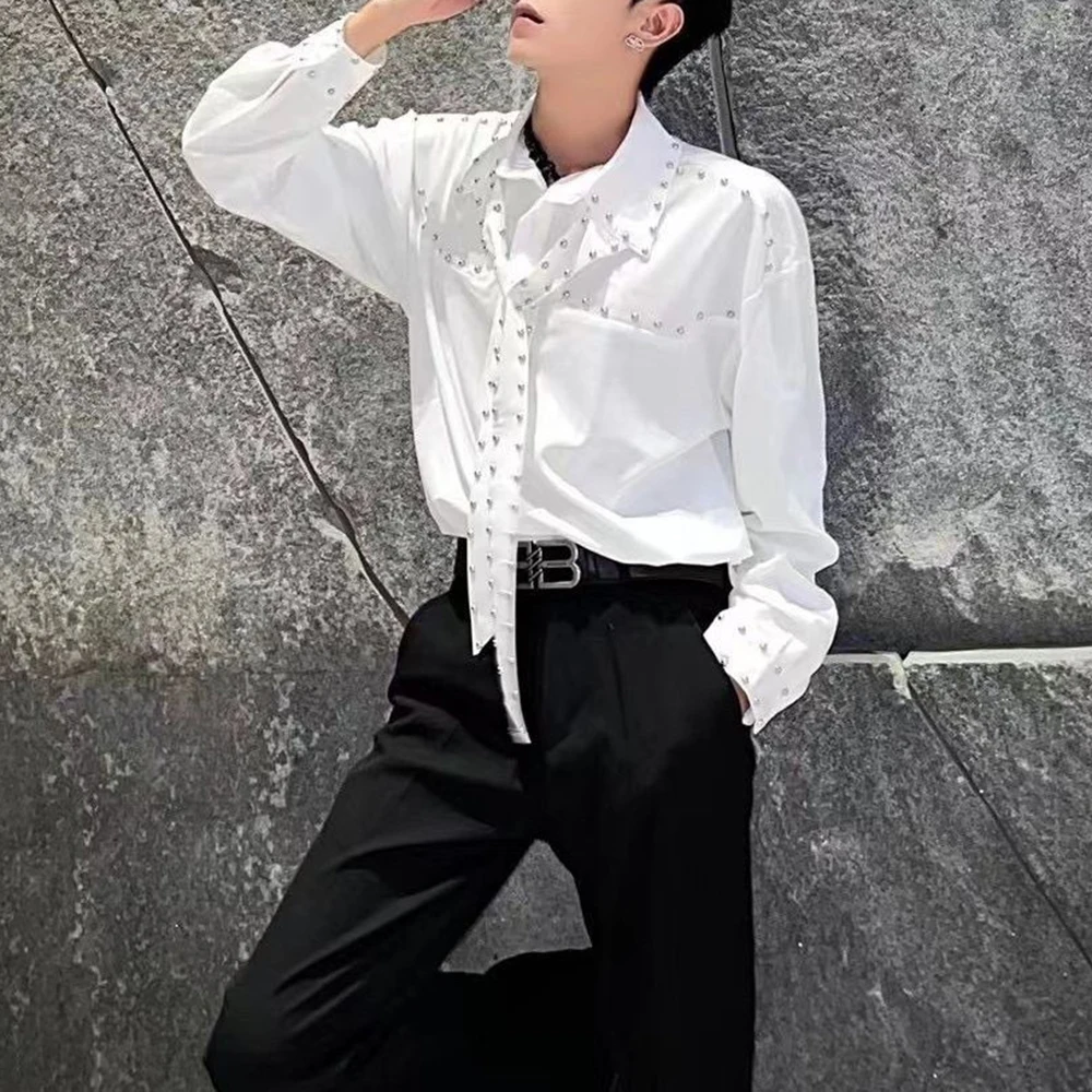 

Mens Shirts Rivets Ribbons Casual Shirts Streetwear Trendy Niche Youth Campus Performance Long-Sleeved Tops Men'S Clothing 2025