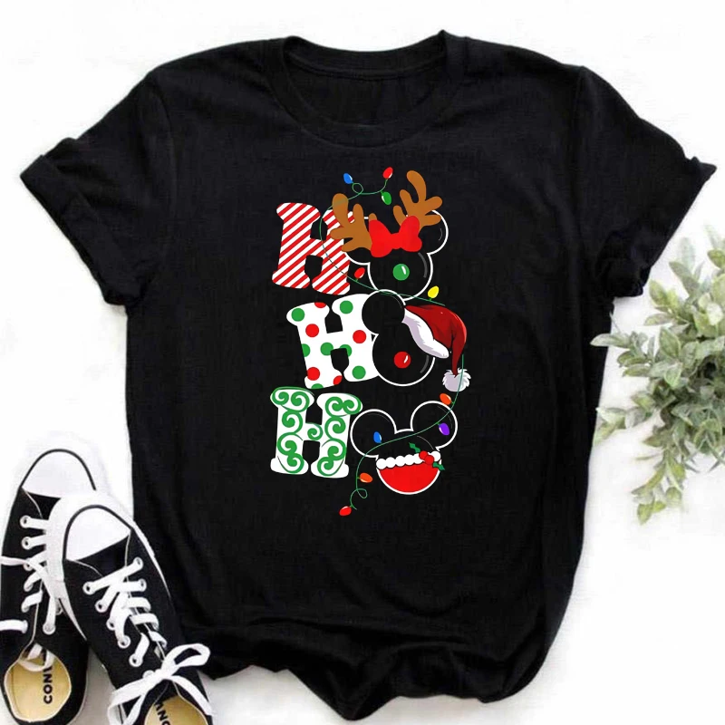 Merry Christmas Women's T-shirt Fashion Casual Short Sleeved T-shirt Cute Mickey Christmas Print Y2k Disney Tops Female