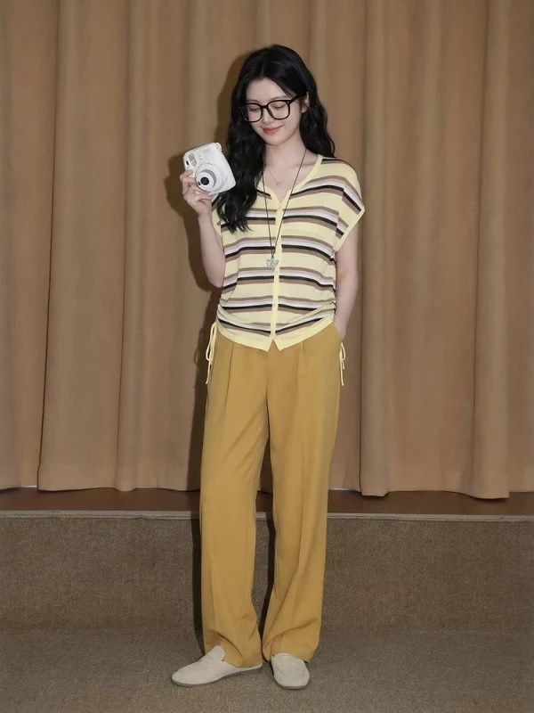 Yellow Ice Silk Stripe Short Sleeve Knitted Women's Summer plus Size Drawstring Pleated Waist Slimming Top Korean Style V-Neck