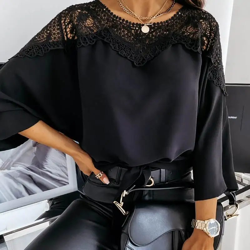 

Faionable Spring Lace Trim Hollow out Ba Split Sve Women's irt Loose Belted Trendy Blouse Floral Print Chiffon
