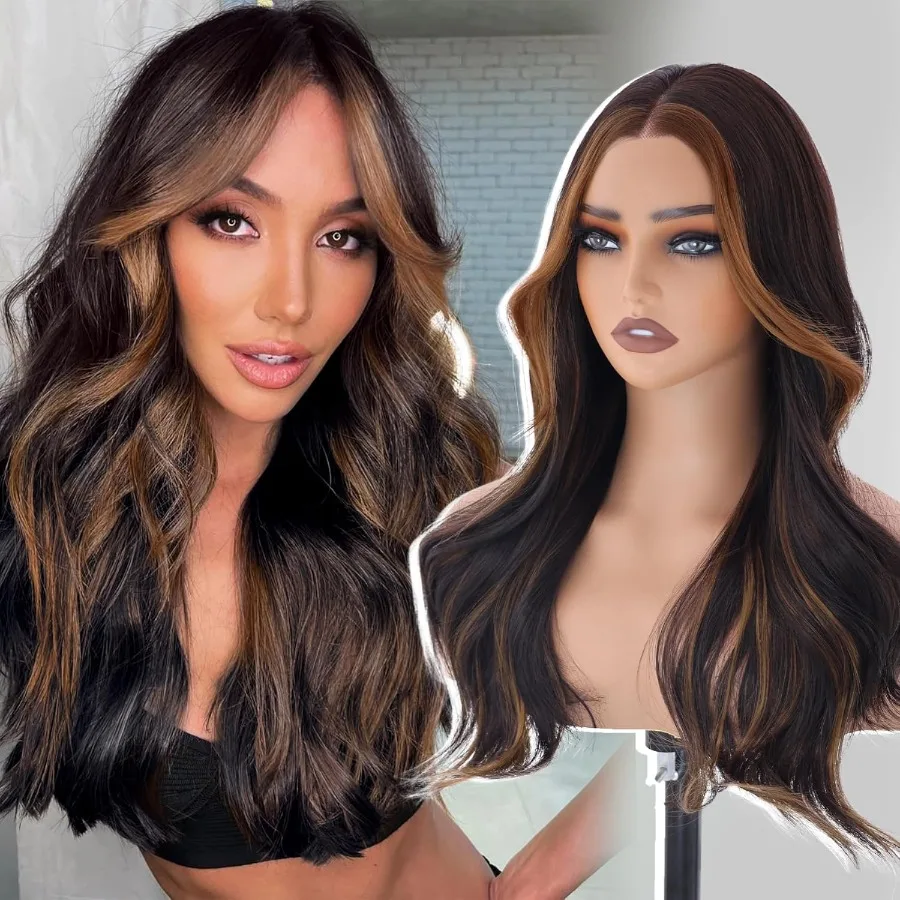 بني داكن مع تسليط الضوء على باروكات صناعية بدون صمغ بدانتيل أمامي للنساء 13 × 4 نمط شعر مموج مسبق القطع مثالي للاستخدام اليومي