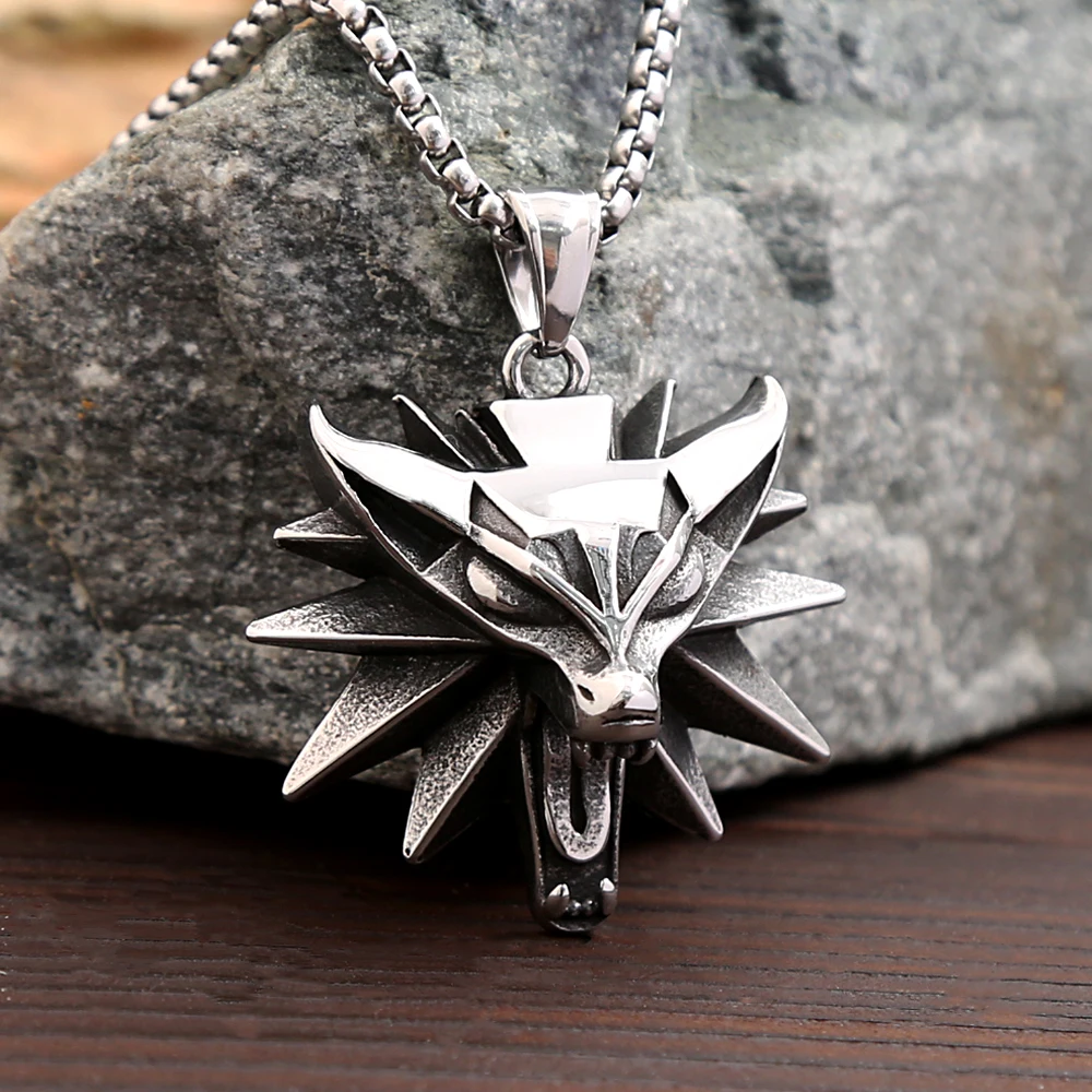 Fashion Vintage Viking Wolf Head Pendant Necklace Mens Punk Biker Stainless Steel Geralt of Rivia Slavic Necklaces Charm Jewelry