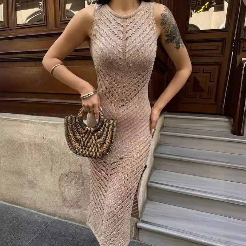 Elegante Frauen Aushöhlen Gestrickte, Figurbetontes Kleid Sexy Ärmelloses O Neck Schlank Schlitz Dünne Stretch Strickwaren Promi Abendkleid