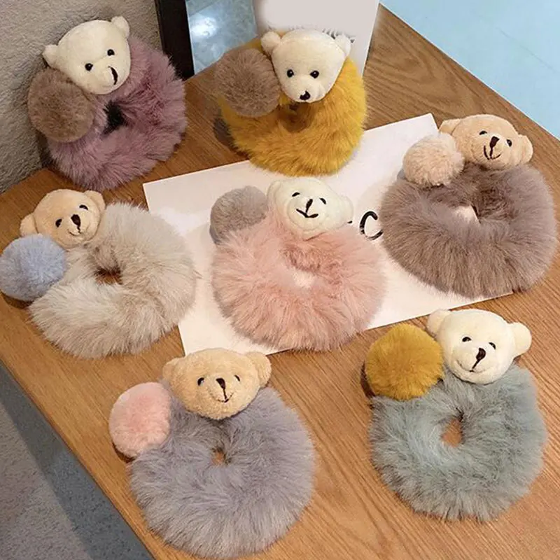 Korea Cute Plush Bear Hair Scrunchies Ties Winter Cartoon Pompom Bear Hair Bands Women Girls Hair Accessories Plush Hair Ring