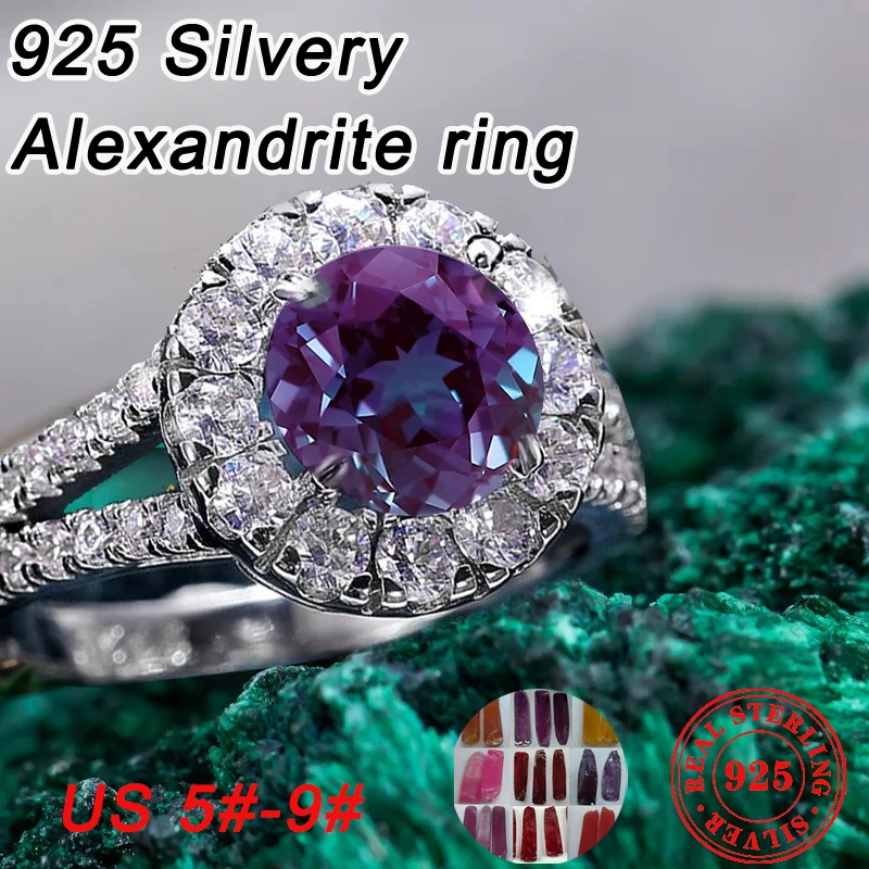 

925 Silvery Alexandrite Synthetic corundum 1CT round Womens Eternal Ring Fashion New Style Anniversary Birthday Gift for Her