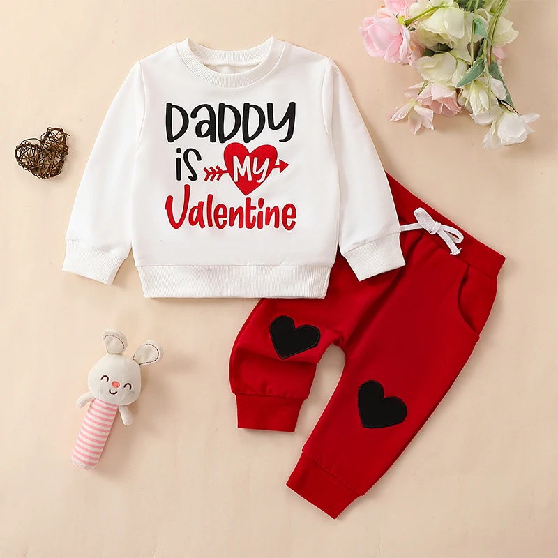 

Toddler Boys Valentine's Day Outfits Heart Letter Print Long Sleeve Sweatshirts topsLong Pants 2Pcs Boys Sweety Clothes Set