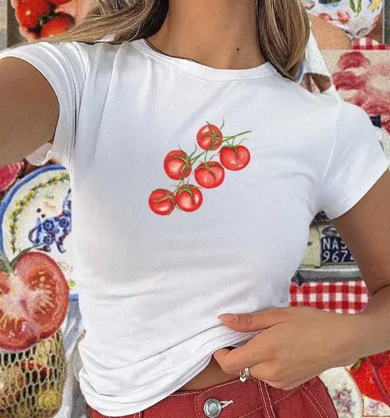 Top corto estivo da donna Y2k t-shirt attillate con scollo tondo a maniche corte con stampa di frutta carina vestiti estetici