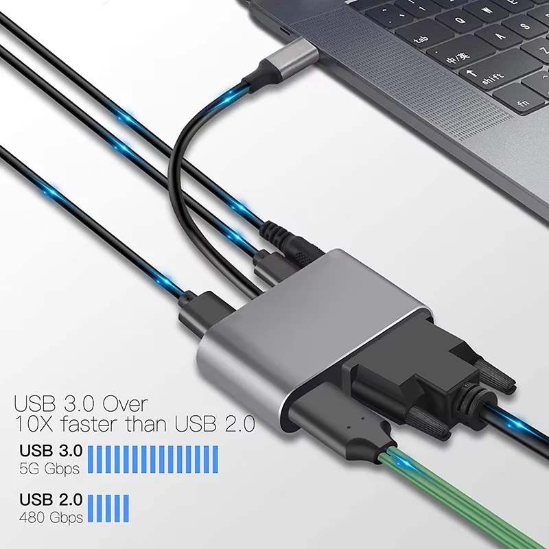 5 in 1 Type C Multiport Docking Station HDMI 4K VGA 3.5mm Audio Jack USB3.0 Data Port PD Fast Charging Adapter for Laptop Tablet