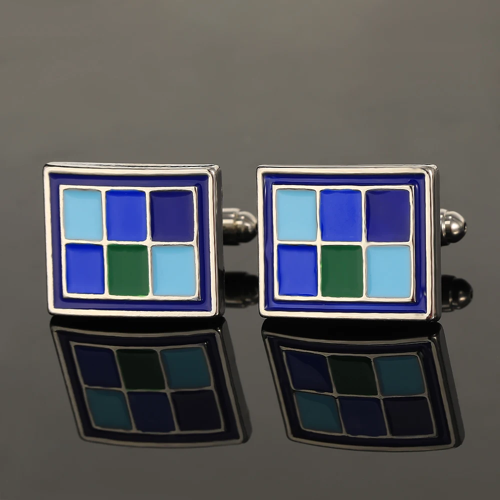 Creative Plaid Square Enamel Mens Cufflinks Blue Green Colors Checked Sleeve Button For Suit Tuxedo Jewelry Accessories