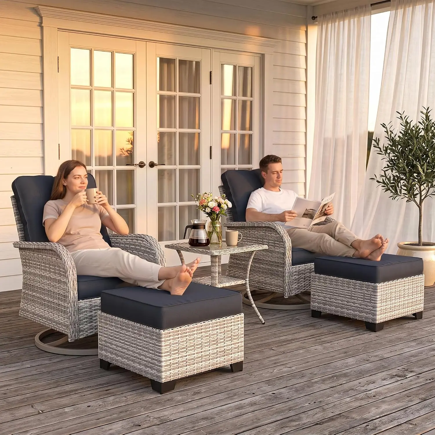 Outdoor Patio Furniture Set Patio Rocking Swivel Chair with Tempered Glass Side Table, Outdoor Wicker Rattan Bistro, Customized