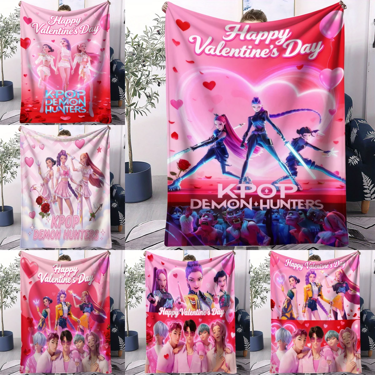 

K-Pop Demon Hunters Valentine’s Day Anime Blanket Soft Warm Flannel Throw for Home Decor Travel Camping Couples Fan Holiday Gift