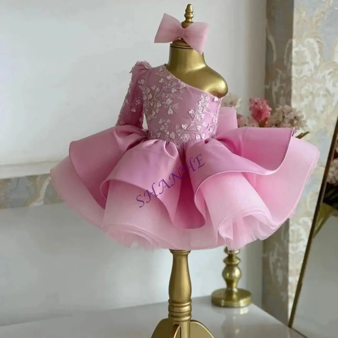 الوردي زهرة فتاة فساتين مخصصة كتف واحد مطرز الاطفال الأميرة عيد ميلاد حزب أثواب القمامة الفتاة فستان المسابقة